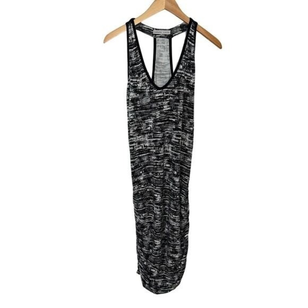 Athleta Ruched Jersey Dress Womens Medium Racerback Black Gray Space Dye Stretch